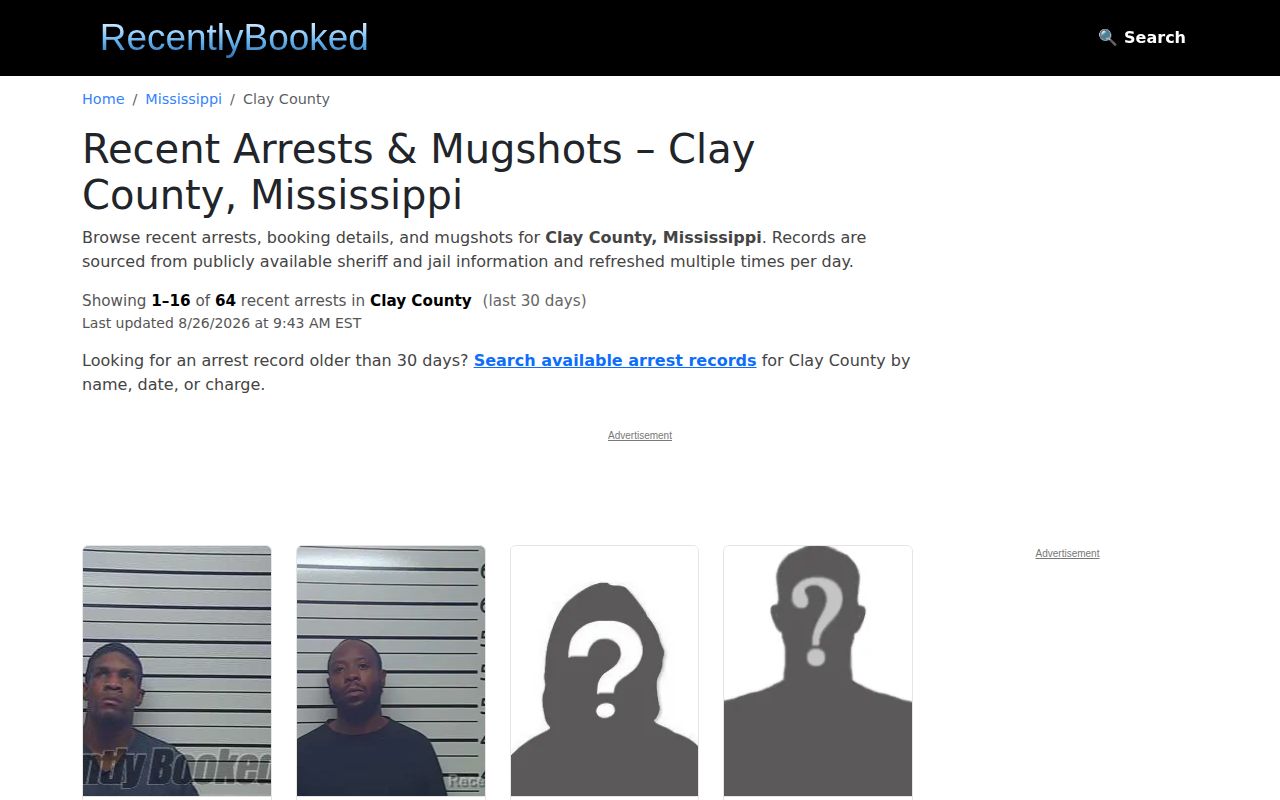 RecentlyBooked Clay County page used as a caveated third-party booking-source example