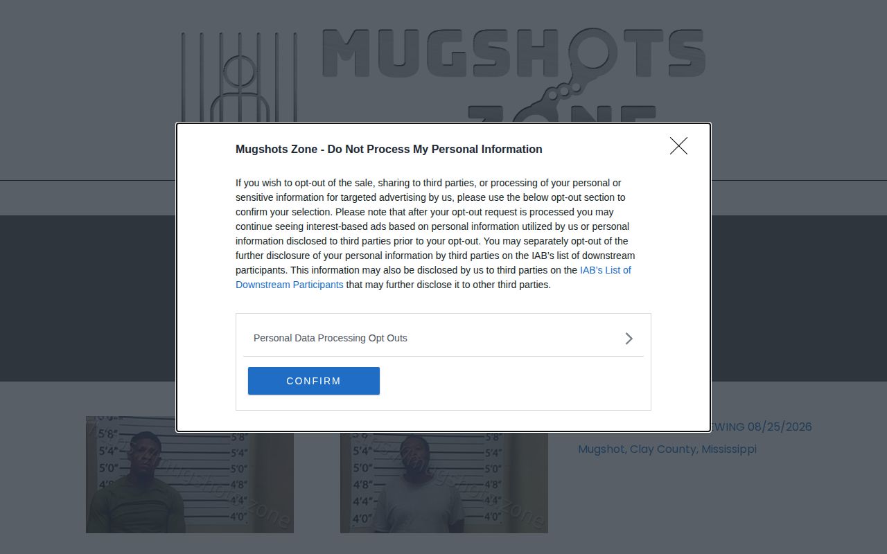 Mugshots.zone Clay County page used as a caveated third-party agency display example