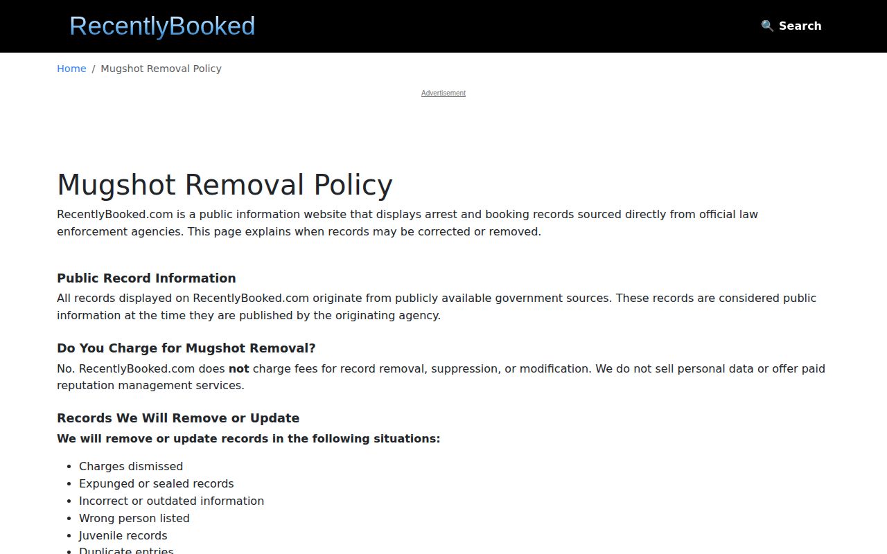 RecentlyBooked correction policy for Clay County booking-record listings