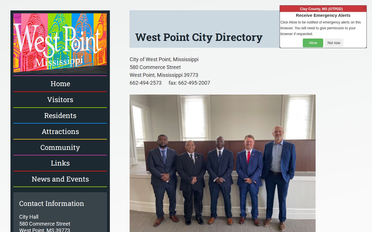 West Point city directory showing police department and municipal court contact listings